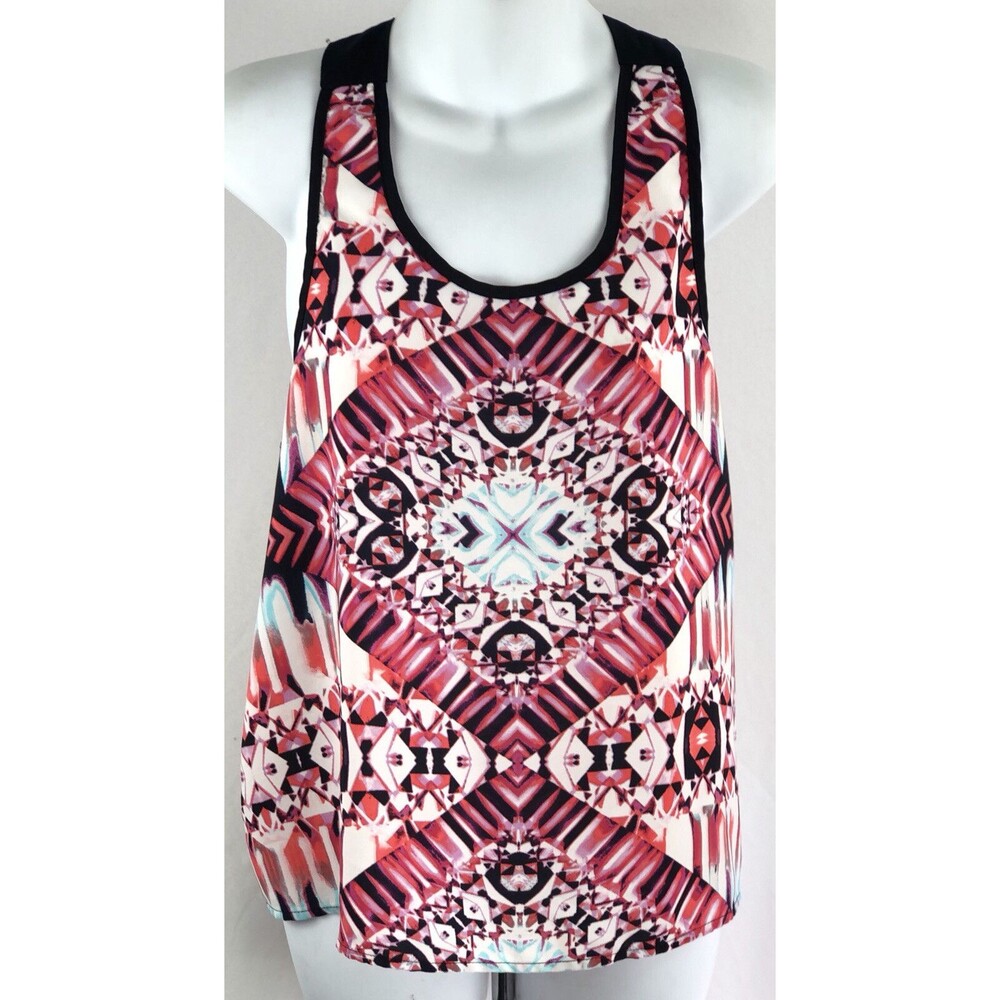 Sleeveless Silky Tank L Pink/Blk Geo Scoopneck Cropped top colorful Abstract